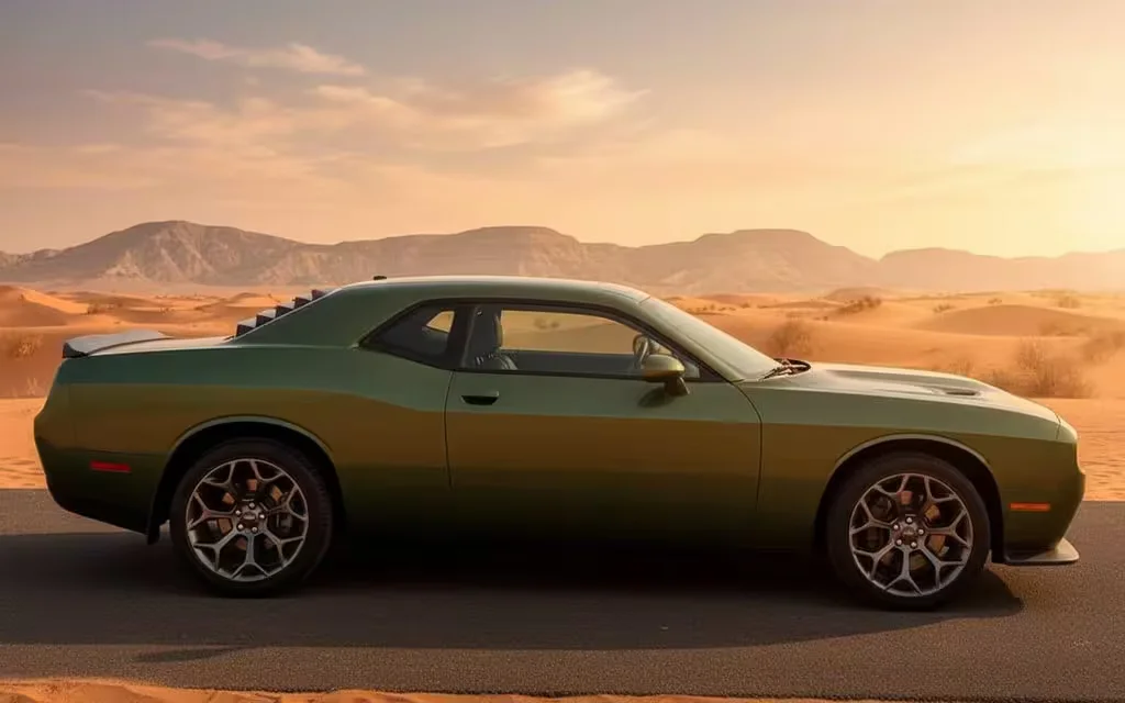 Dodge Challenger 2021 Green side profile – rental in Dubai