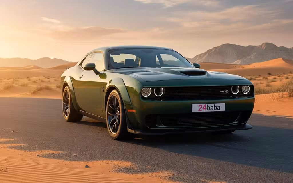 Dodge Challenger 2021 Green front view with headlights – rental in Dubai