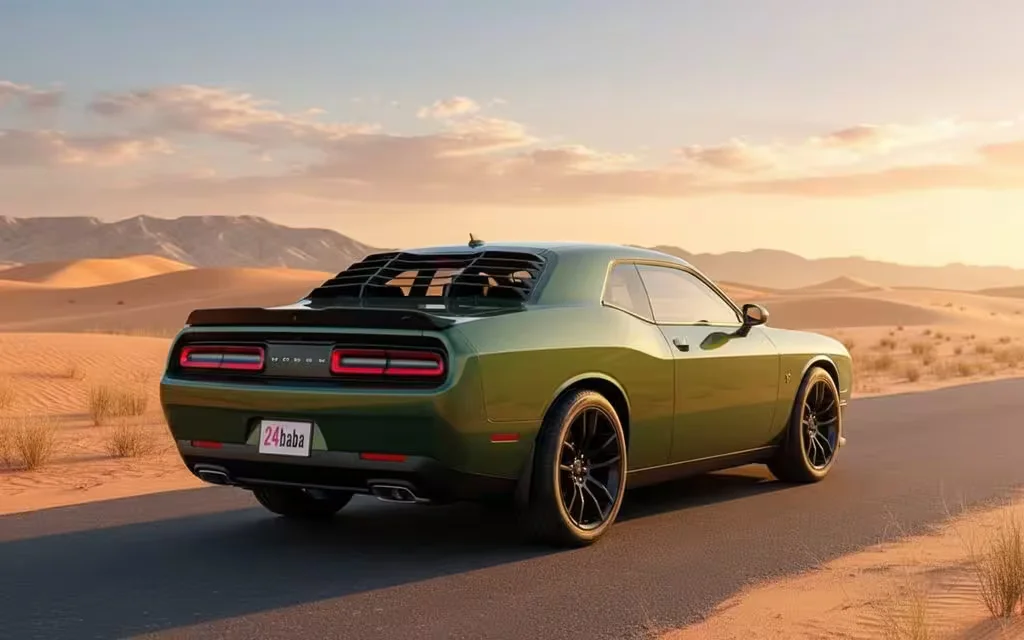 Dodge Challenger 2021 Green parked outdoor scene – rental in Dubai