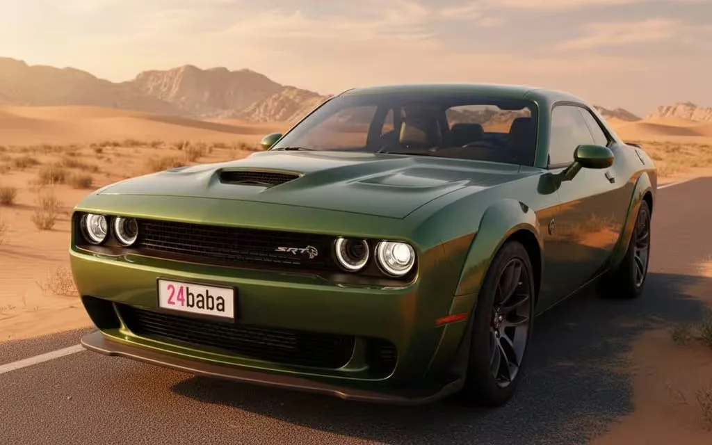 Dodge Challenger 2021 Green front view with headlights – rental in Dubai