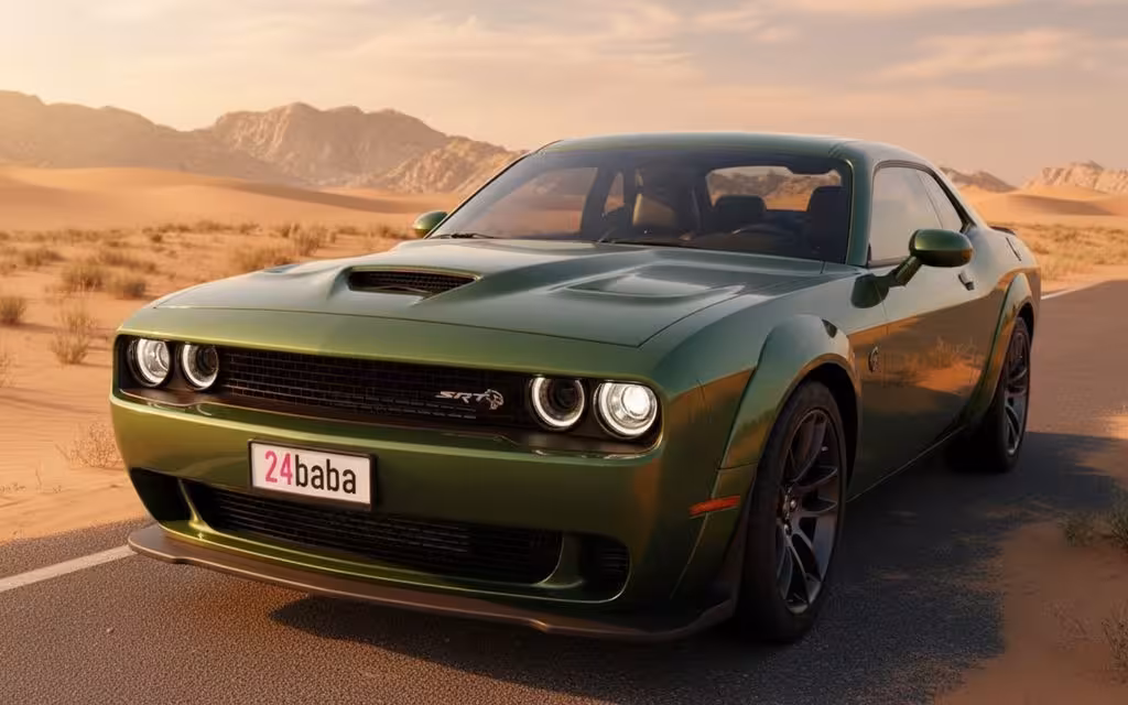 Dodge Challenger 2021 Green front view with headlights – rental in Dubai