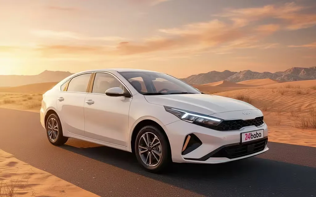 Kia K3 2024 White parked outdoor scene – rental in Dubai