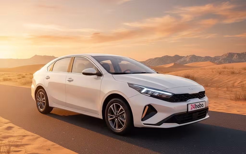 Kia K3 2024 White parked outdoor scene – rental in Dubai