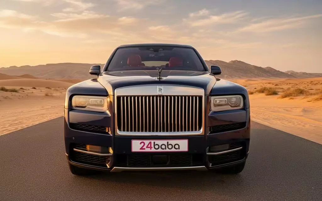 RollsRoyce Cullinan 2023 Blue front view with headlights – rental in Dubai