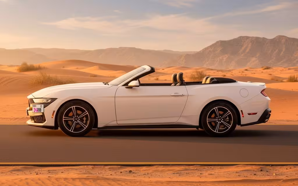Ford Mustang 2024 White side profile – rental in Dubai
