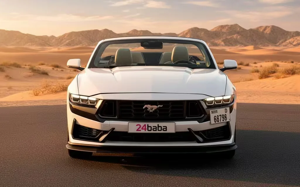 Ford Mustang 2024 White front view with headlights – rental in Dubai