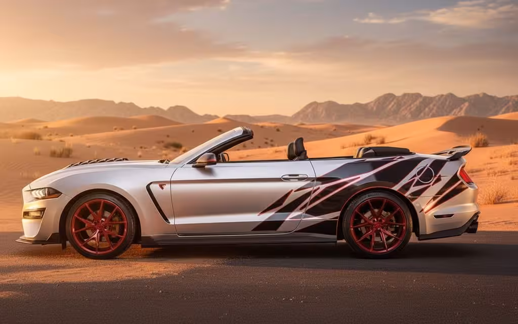 Ford Mustang 2025 Silver side profile – rental in Dubai