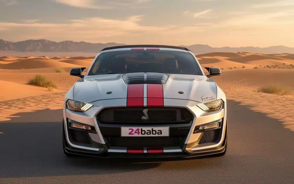 Ford Mustang 2025 Silver front view with headlights – rental in Dubai