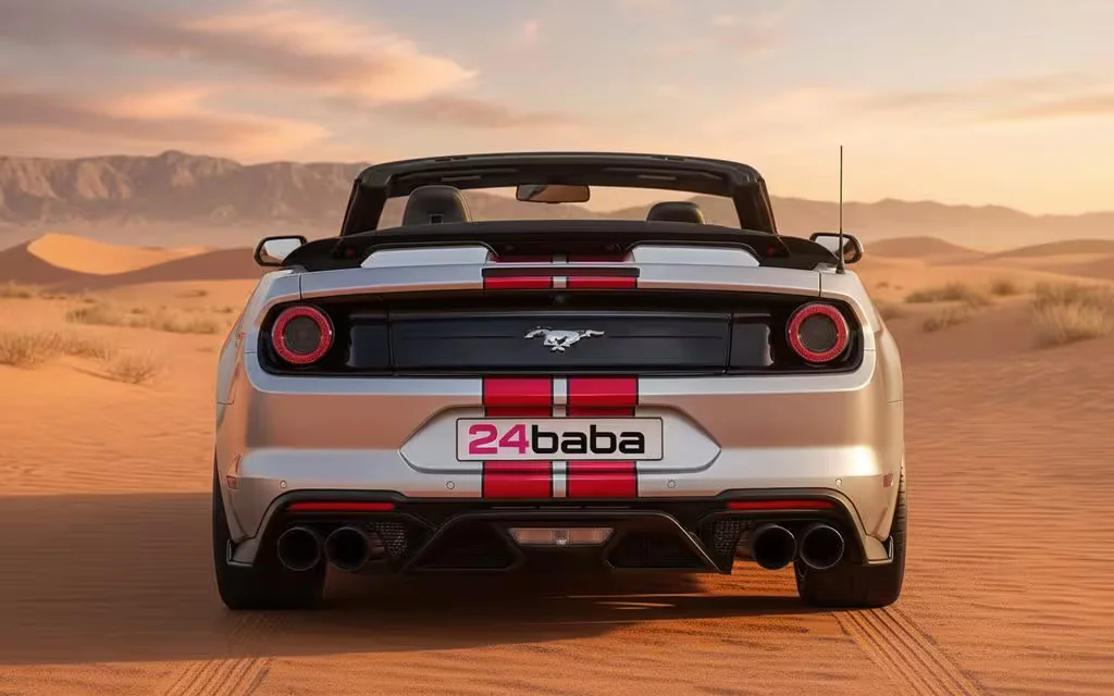 Ford Mustang 2025 Silver rear view showing taillights – rental in Dubai