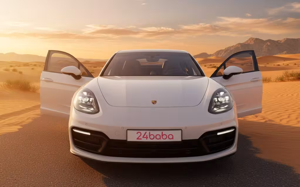 Porsche Panamera 2023 White front view with headlights
