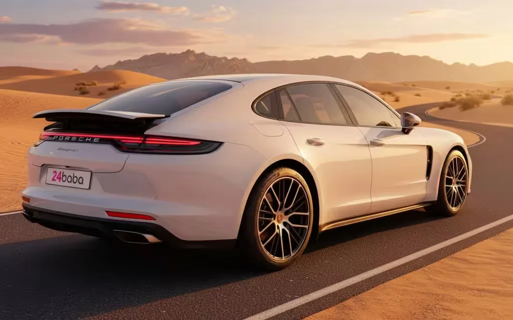 Porsche Panamera 2023 White rear view showing taillights