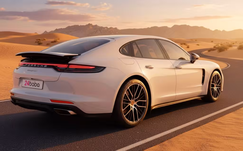 Porsche Panamera 2023 White rear view showing taillights