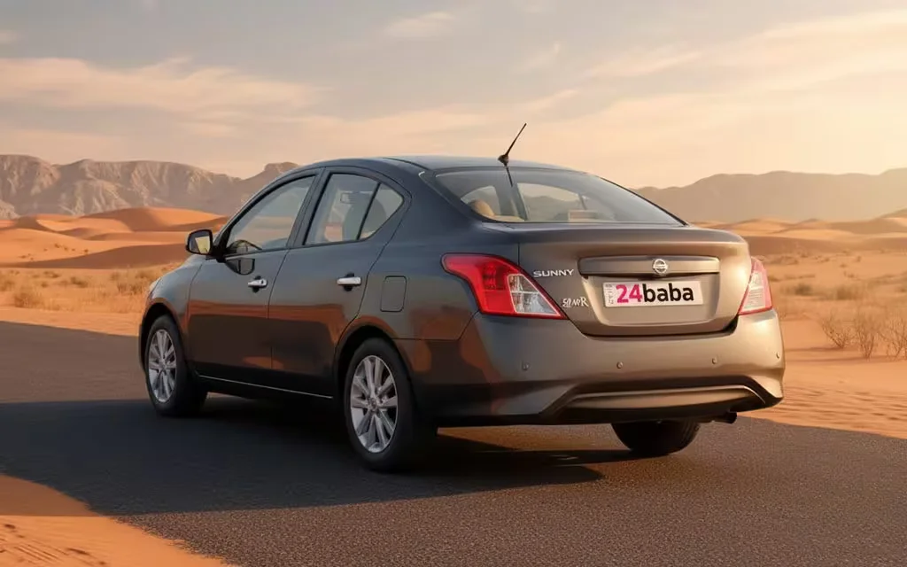 Nissan Sunny 2023 Grey rear view showing taillights – rental in Dubai