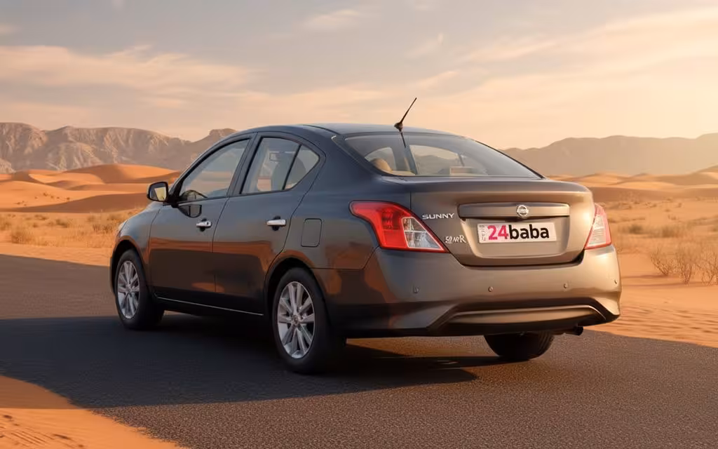 Nissan Sunny 2023 Grey rear view showing taillights – rental in Dubai