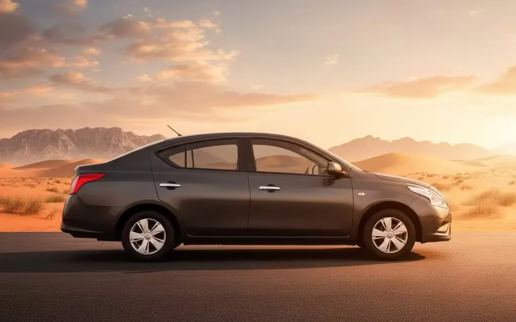 Nissan Sunny 2023 Grey side profile – rental in Dubai