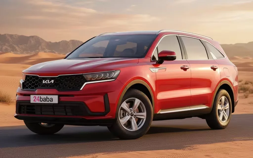 Kia Sorento 2023 Red front view with headlights – rental in Dubai
