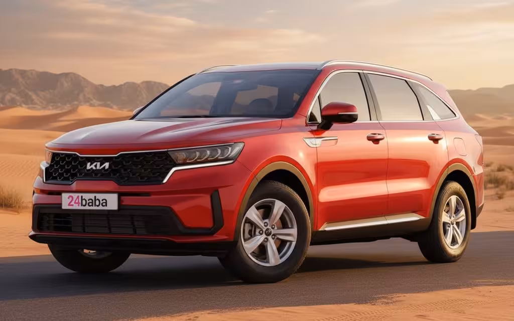 Kia Sorento 2023 Red front view with headlights – rental in Dubai