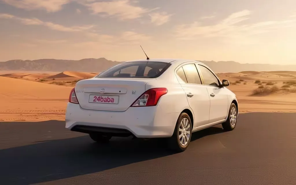 Nissan Sunny 2022 White rear view showing taillights – rental in Dubai