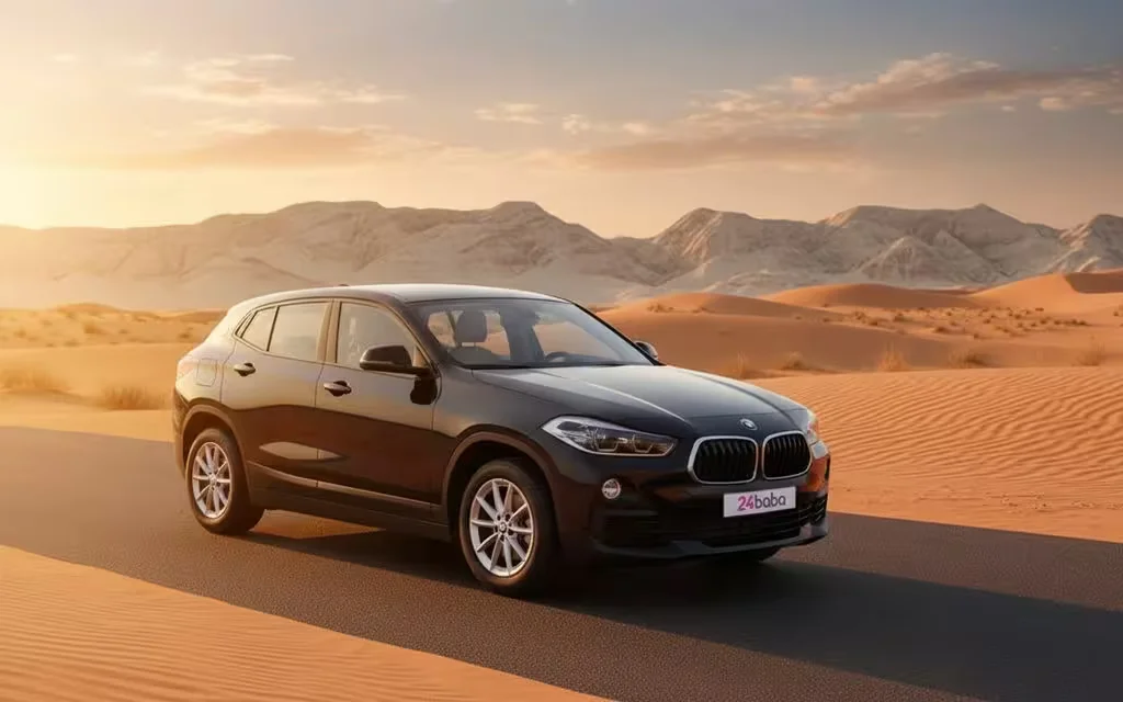 Bmw X2 2023 Black front view with headlights – rental in Dubai