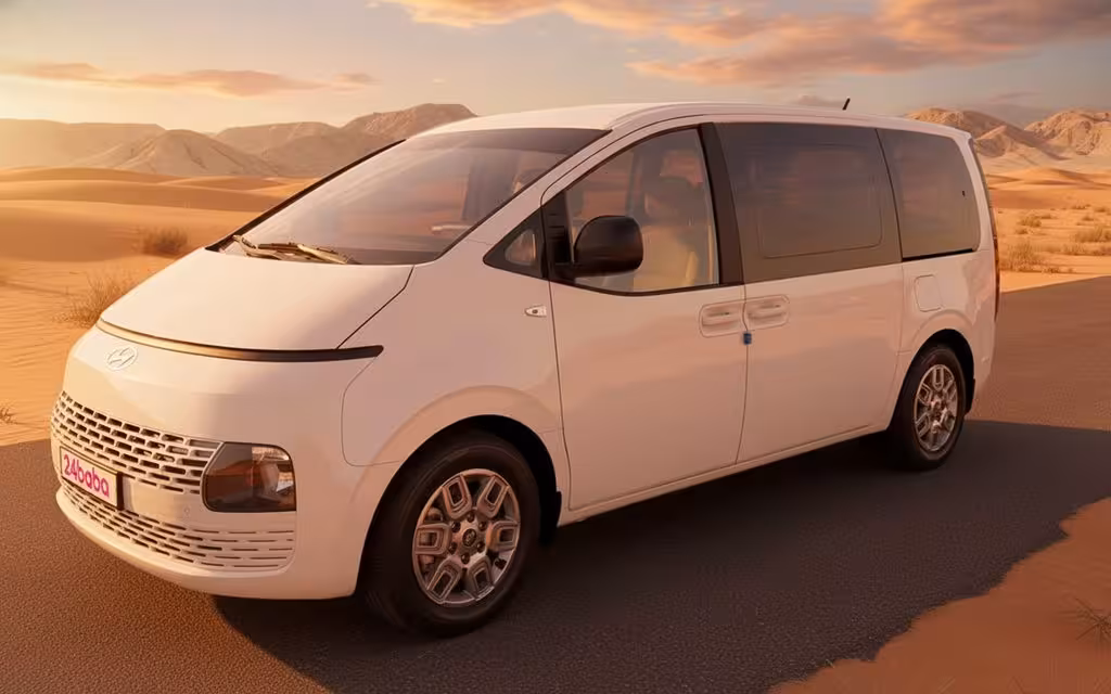 Hyundai Staria 2025 White front view with headlights – rental in Dubai