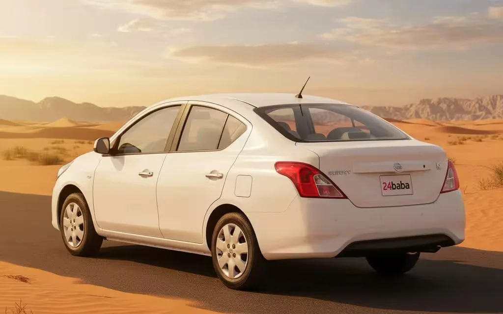 Nissan Sunny 2024 White rear view showing taillights – rental in Dubai