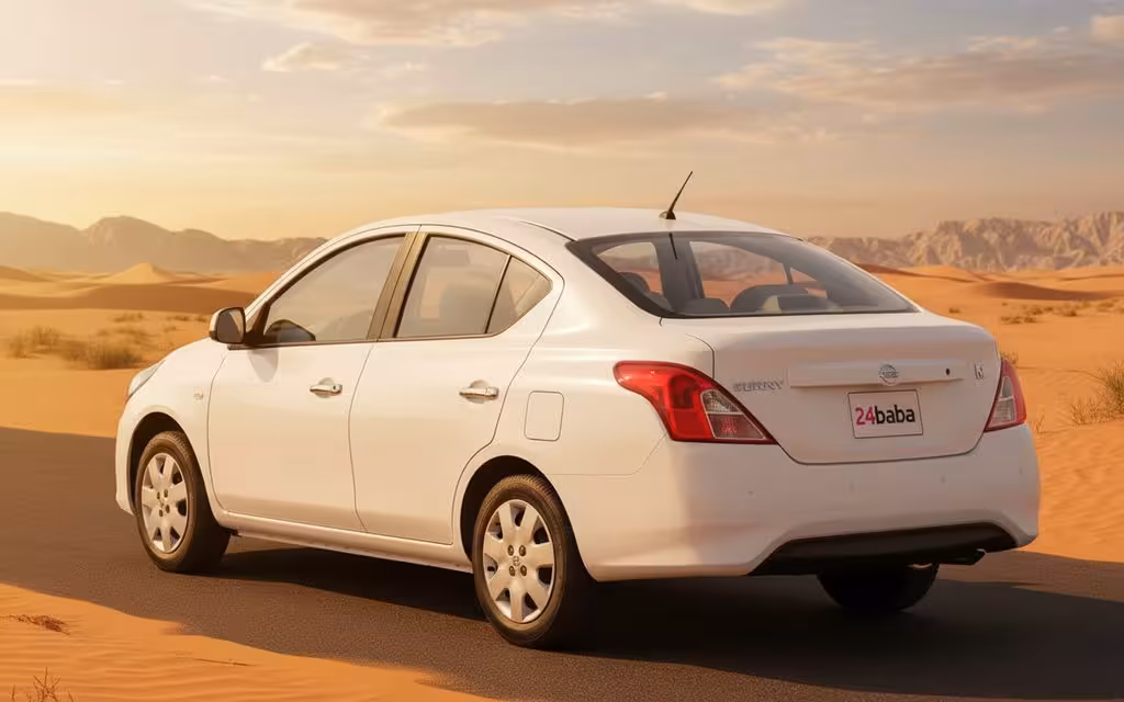 Nissan Sunny 2024 White rear view showing taillights – rental in Dubai