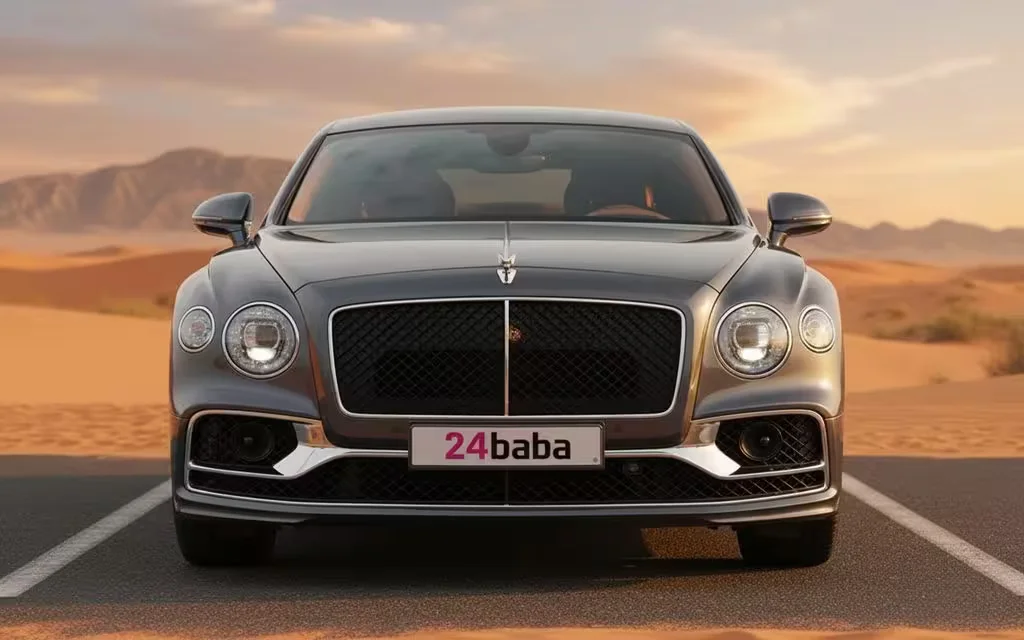 Bentley ContinentalFlyingSpur 2024 Grey front view with headlights – rental in Dubai