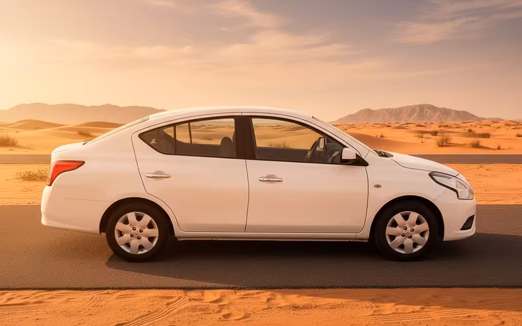 Nissan Sunny 2023 White side profile – rental in Dubai