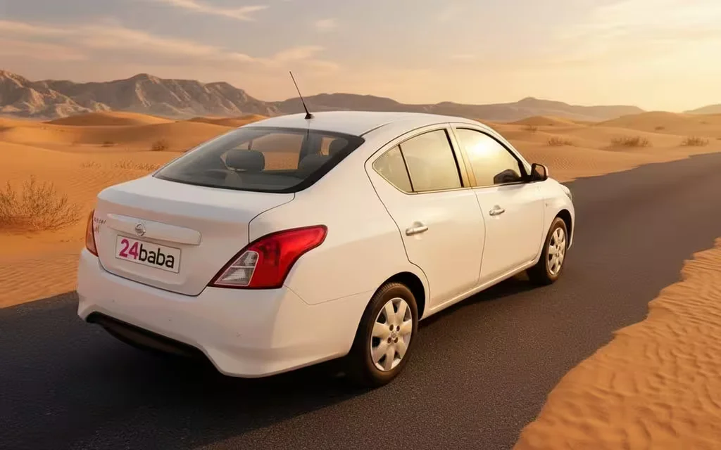 Nissan Sunny 2023 White rear view showing taillights – rental in Dubai