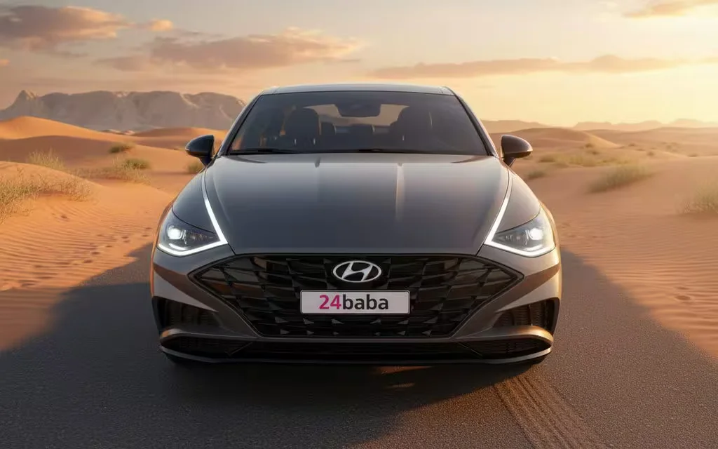 Hyundai Sonata 2022 Grey front view with headlights – rental in Dubai