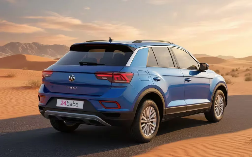Volkswagen T Roc 2023 Blue rear view showing taillights – rental in Dubai