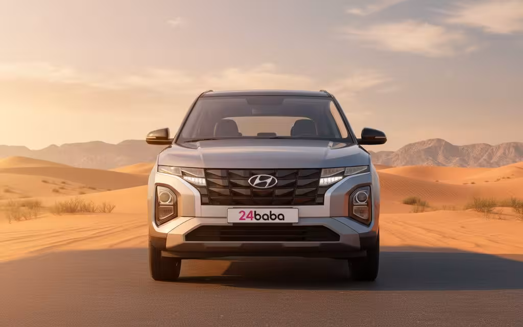 Hyundai Creta 2023 Silver front view with headlights – rental in Dubai
