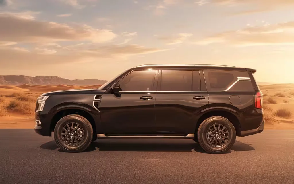 Nissan Patrol 2025 Black side profile – rental in Dubai
