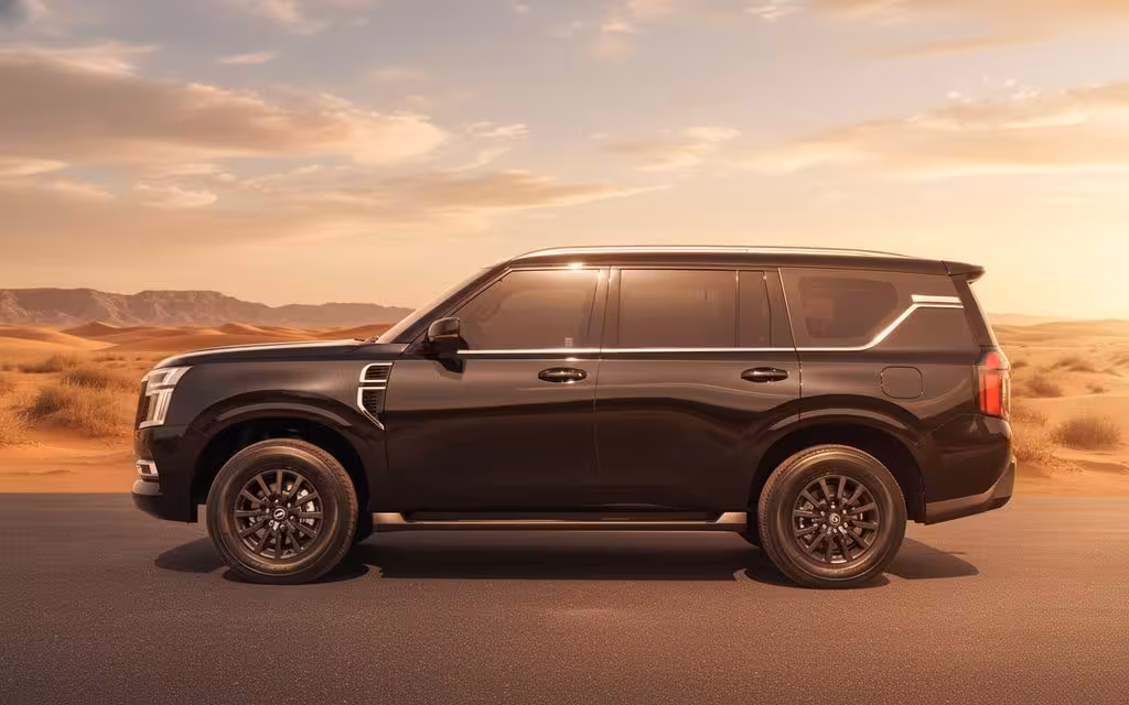 Nissan Patrol 2025 Black side profile – rental in Dubai