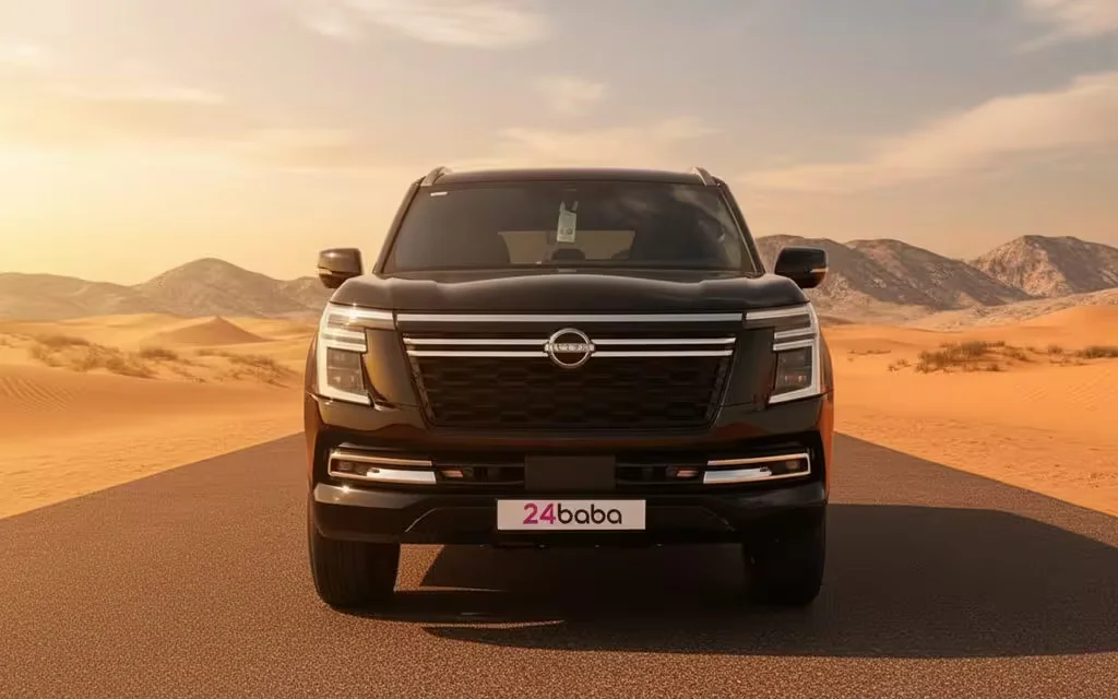 Nissan Patrol 2025 Black front view with headlights – rental in Dubai