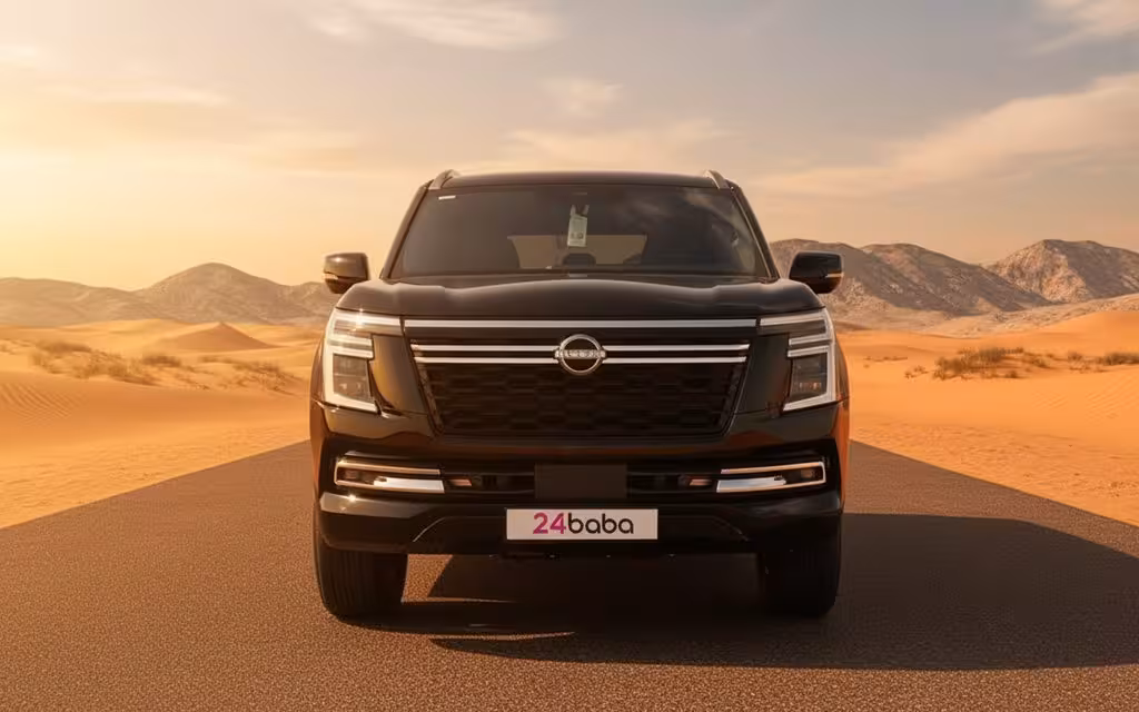 Nissan Patrol 2025 Black front view with headlights – rental in Dubai