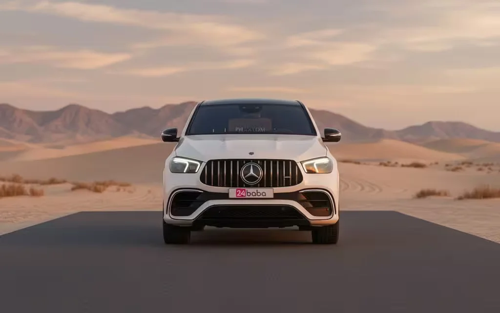 Mercedes Gle63 2021 White front view with headlights – rental in Dubai