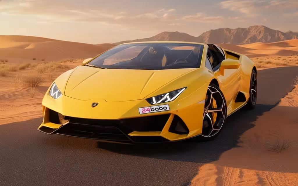 Lamborghini Huracan 2021 Yellow front view with headlights – rental in Dubai