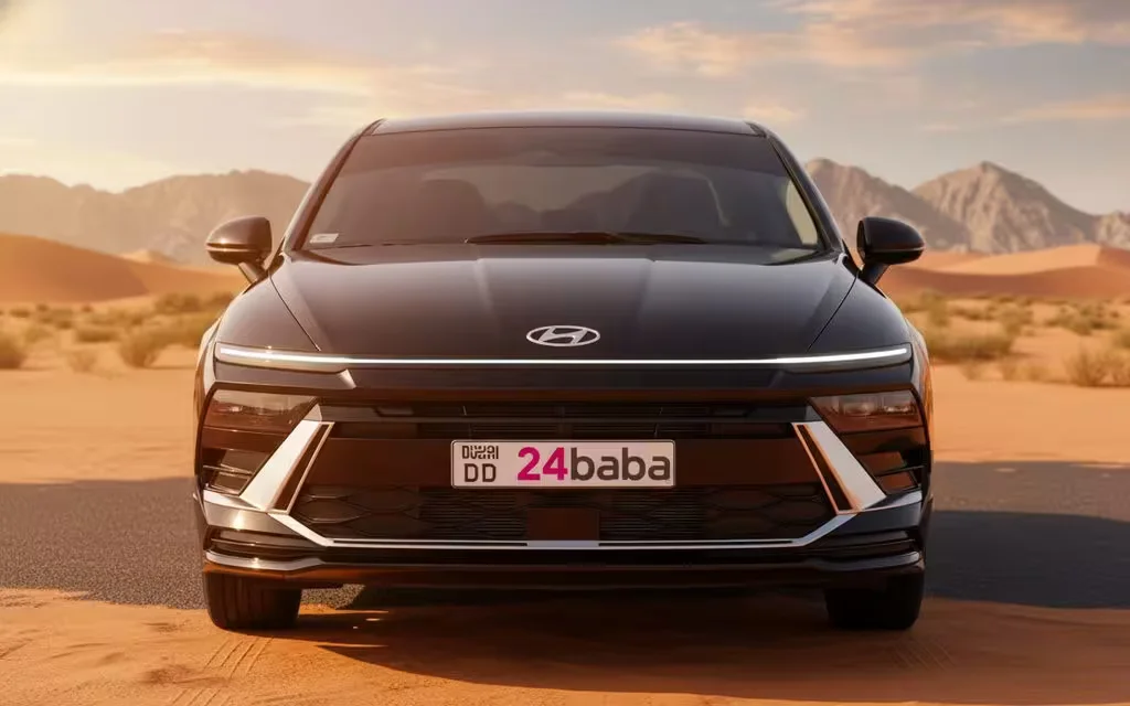 Hyundai Sonata 2024 Black front view with headlights – rental in Dubai
