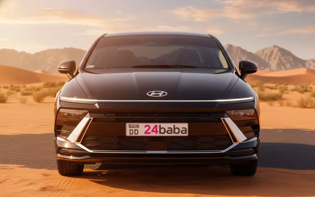 Hyundai Sonata 2024 Black front view with headlights – rental in Dubai