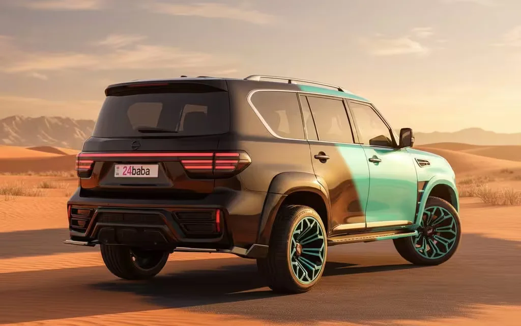 Nissan Patrol 2020 Blue rear view showing taillights – rental in Dubai