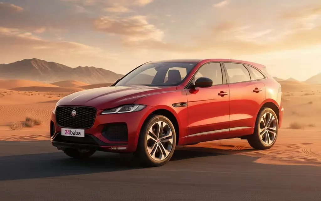 Jaguar F Pace 2025 Red parked outdoor scene – rental in Dubai
