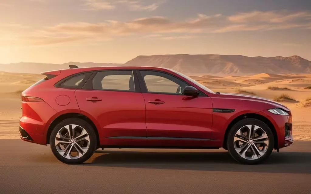 Jaguar F Pace 2025 Red side profile – rental in Dubai