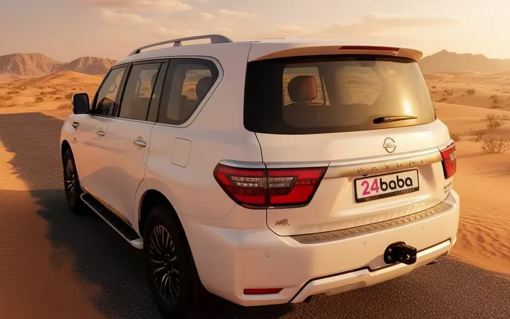 Nissan Patrol 2022 White rear view showing taillights – rental in Dubai