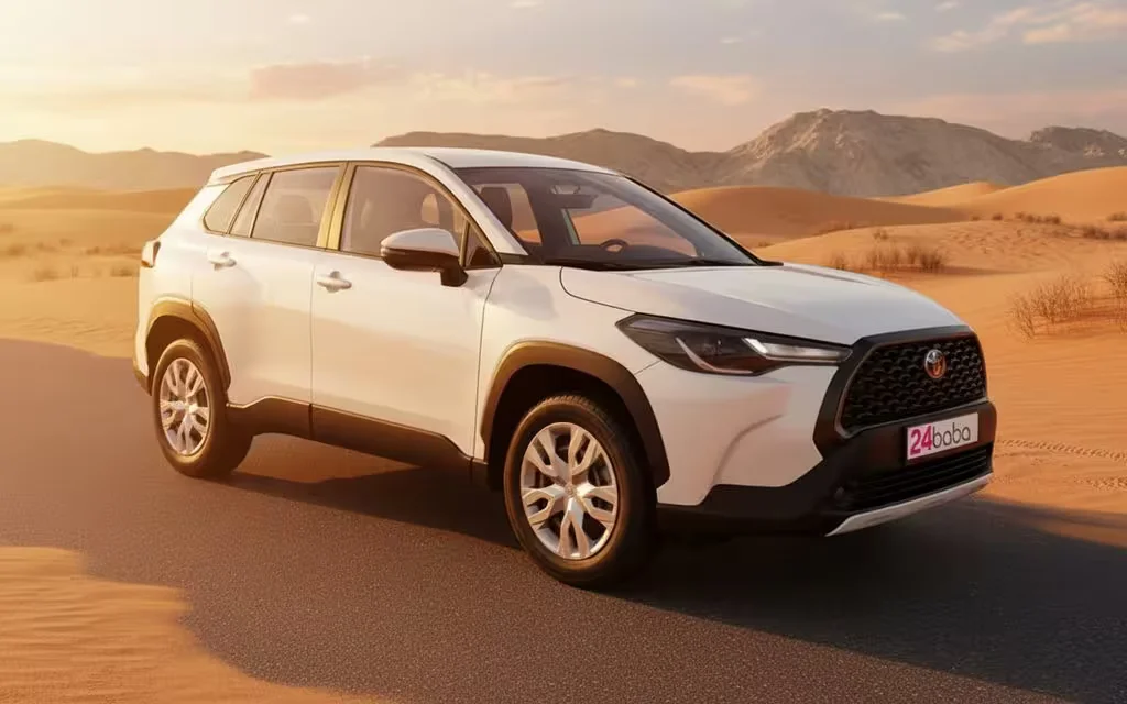 Toyota CorollaCross 2024 White front view with headlights – rental in Dubai