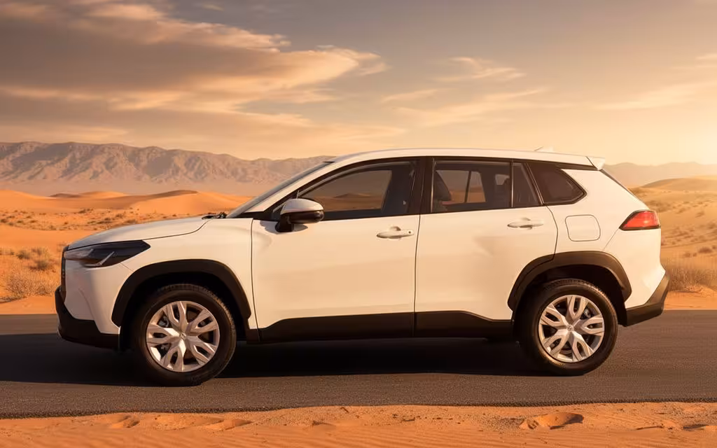 Toyota CorollaCross 2024 White side profile – rental in Dubai