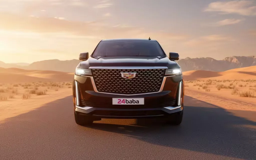 Cadillac Escalade 2021 Black front view with headlights – rental in Dubai
