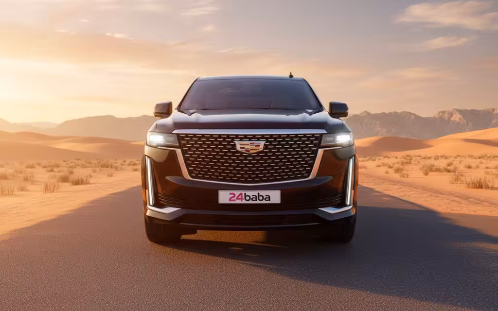 Cadillac Escalade 2021 Black front view with headlights – rental in Dubai