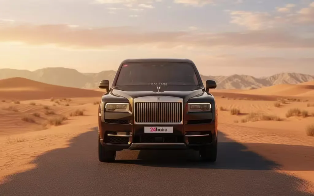 RollsRoyce Cullinan 2023 Black front view with headlights – rental in Dubai