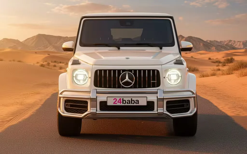 Mercedes G63 2022 White front view with headlights – rental in Dubai